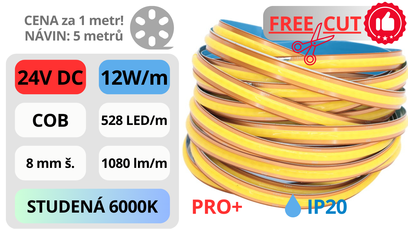 LED pásek COB 24V / 480LED / 12W / 6000K / IP20 / 8mm / PRO+ FREE-CUT